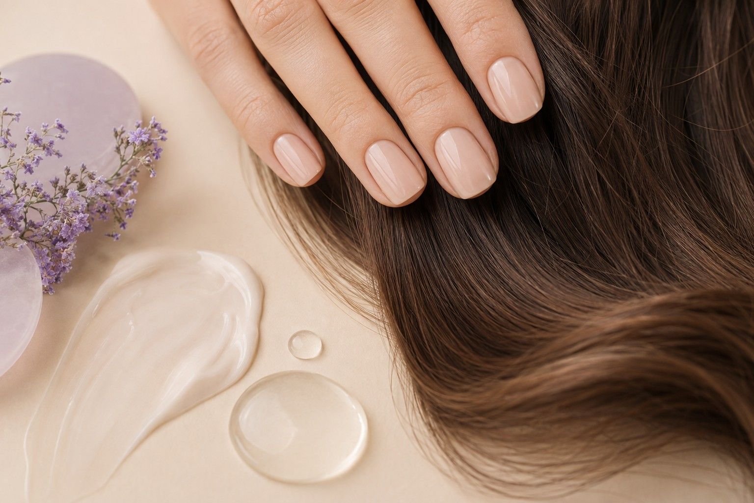 Detalhe de unhas em nude sofisticado e cabelo saudável
